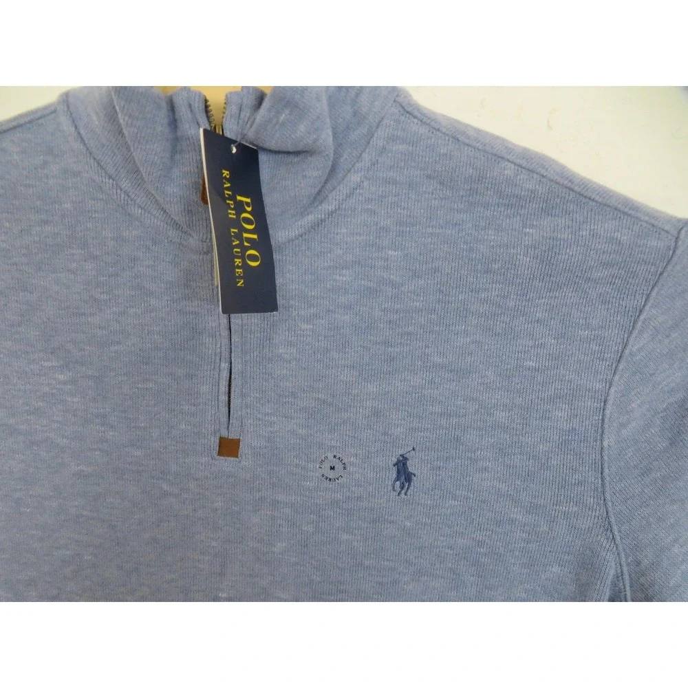 Polo Ralph Lauren 1/4 Zip Sweater Mens Medium Blue Cotton Knit Pullover Logo
